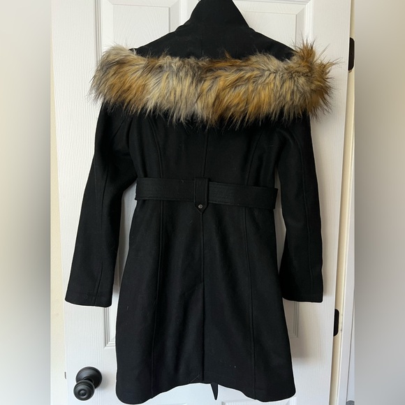 RACHEL Rachel Roy Black Wool Blend Trench Coat with Fur Trim - Picture 3 of 11